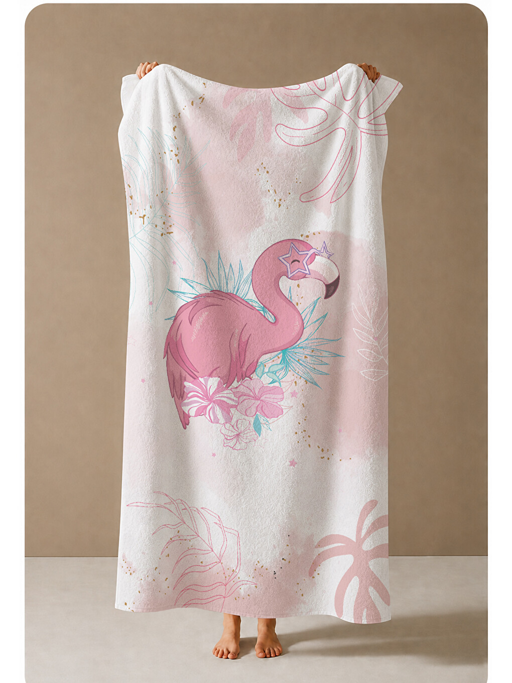 Pembe Flamingo Ve Pastel Tropikal Yaprak Desenli 70x150 Cm Dijital Baskılı Plaj Ve Banyo Havlusu-3