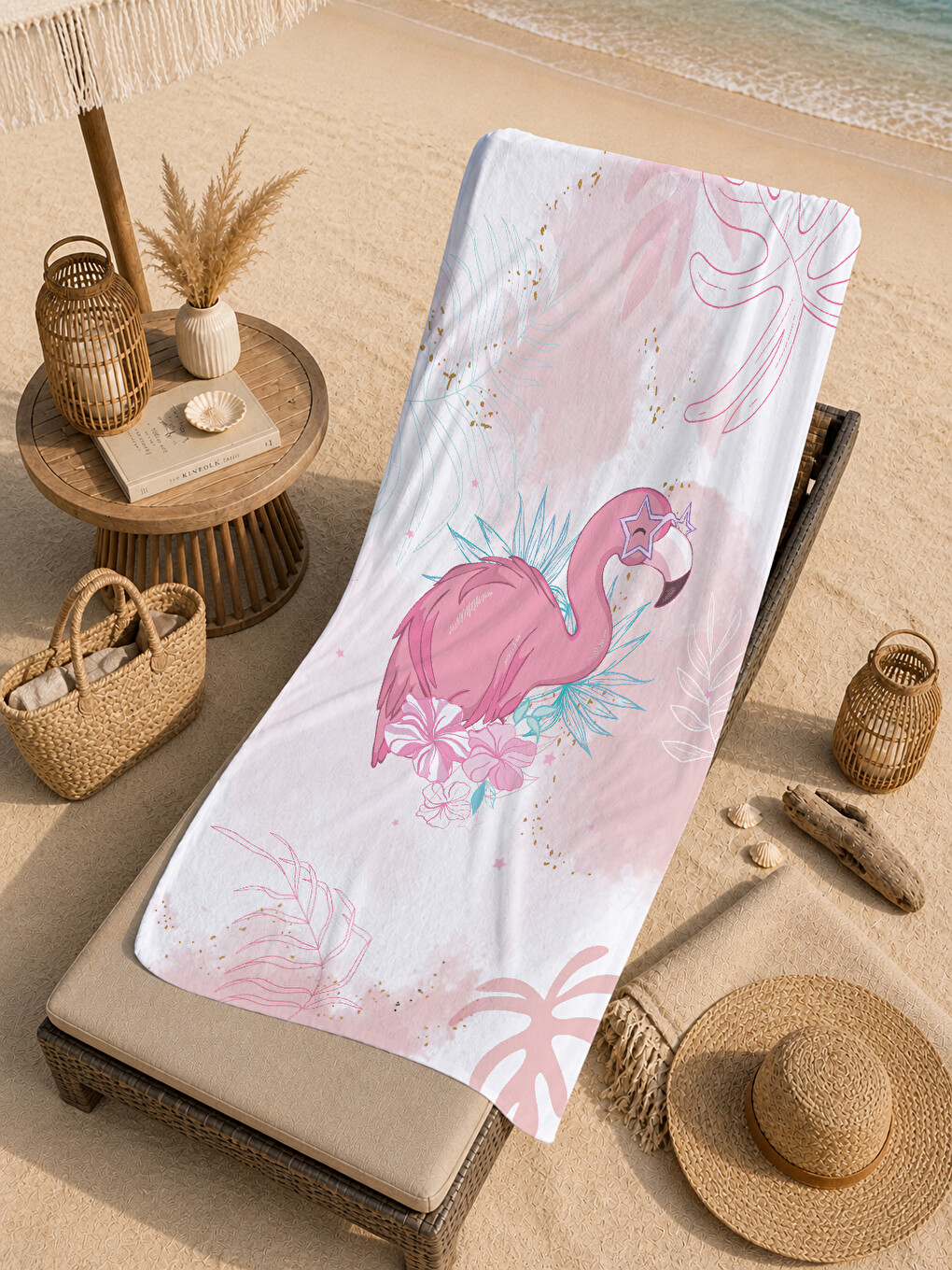 Pembe Flamingo Ve Pastel Tropikal Yaprak Desenli 70x150 Cm Dijital Baskılı Plaj Ve Banyo Havlusu-4