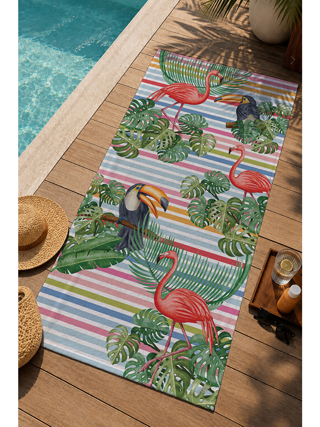 Mavi Çizgili Tropikal Flamingo Tukan Ve Yaprak Desenli 70x150 Cm Dijital Baskılı Plaj Ve Banyo Havlusu-2