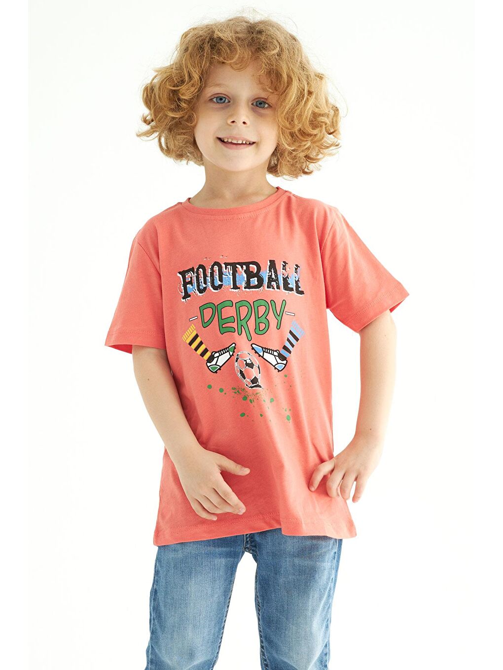 Kahverengi Bisiklet Yaka Kısa Kollu Futboll Baskılı Erkek Çocuk Tişört-1