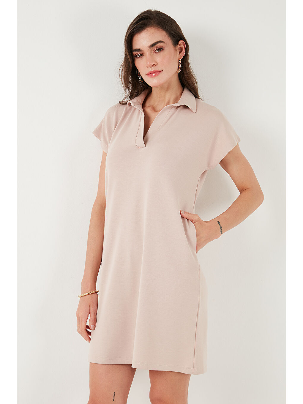 Bej Regular Fit Polo Yaka Mini Elbise 5866153-5