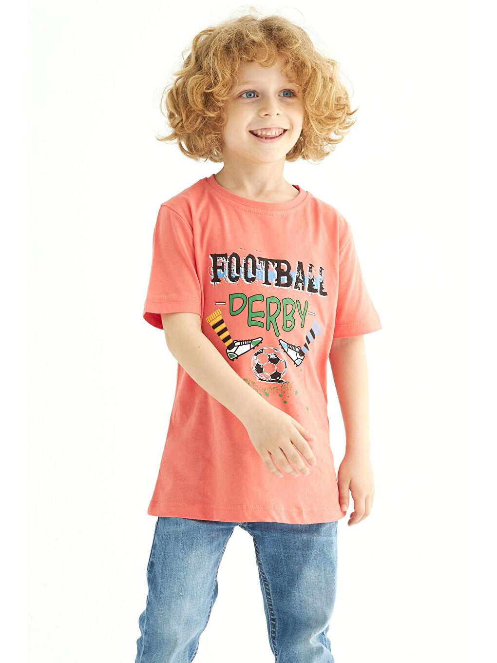 Kahverengi Bisiklet Yaka Kısa Kollu Futboll Baskılı Erkek Çocuk Tişört-2
