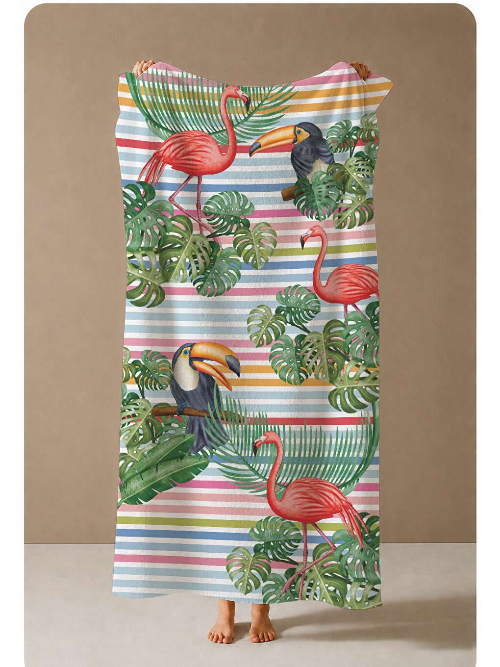 Mavi Çizgili Tropikal Flamingo Tukan Ve Yaprak Desenli 70x150 Cm Dijital Baskılı Plaj Ve Banyo Havlusu-3