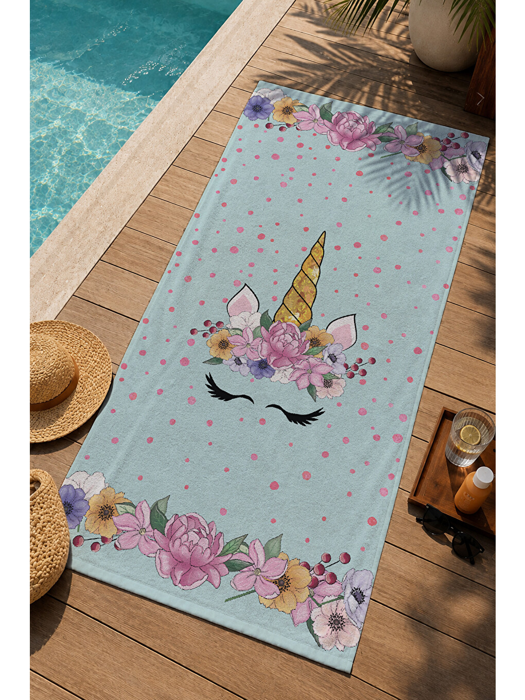 Mint Yeşili Sevimli Desenli 70x150 Cm Dijital Baskılı Plaj Ve Banyo Havlusu-2