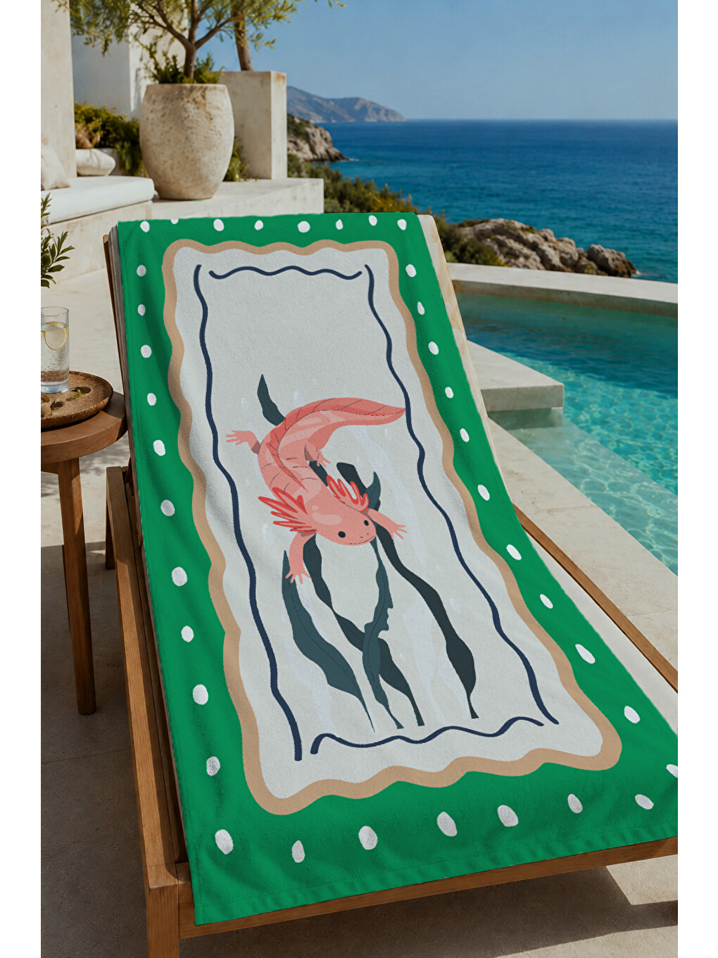 Yeşil Bordürlü Karides Deniz Ürünü İllüstrasyon 70x150 Cm Dijital Baskılı Plaj Ve Banyo Havlusu