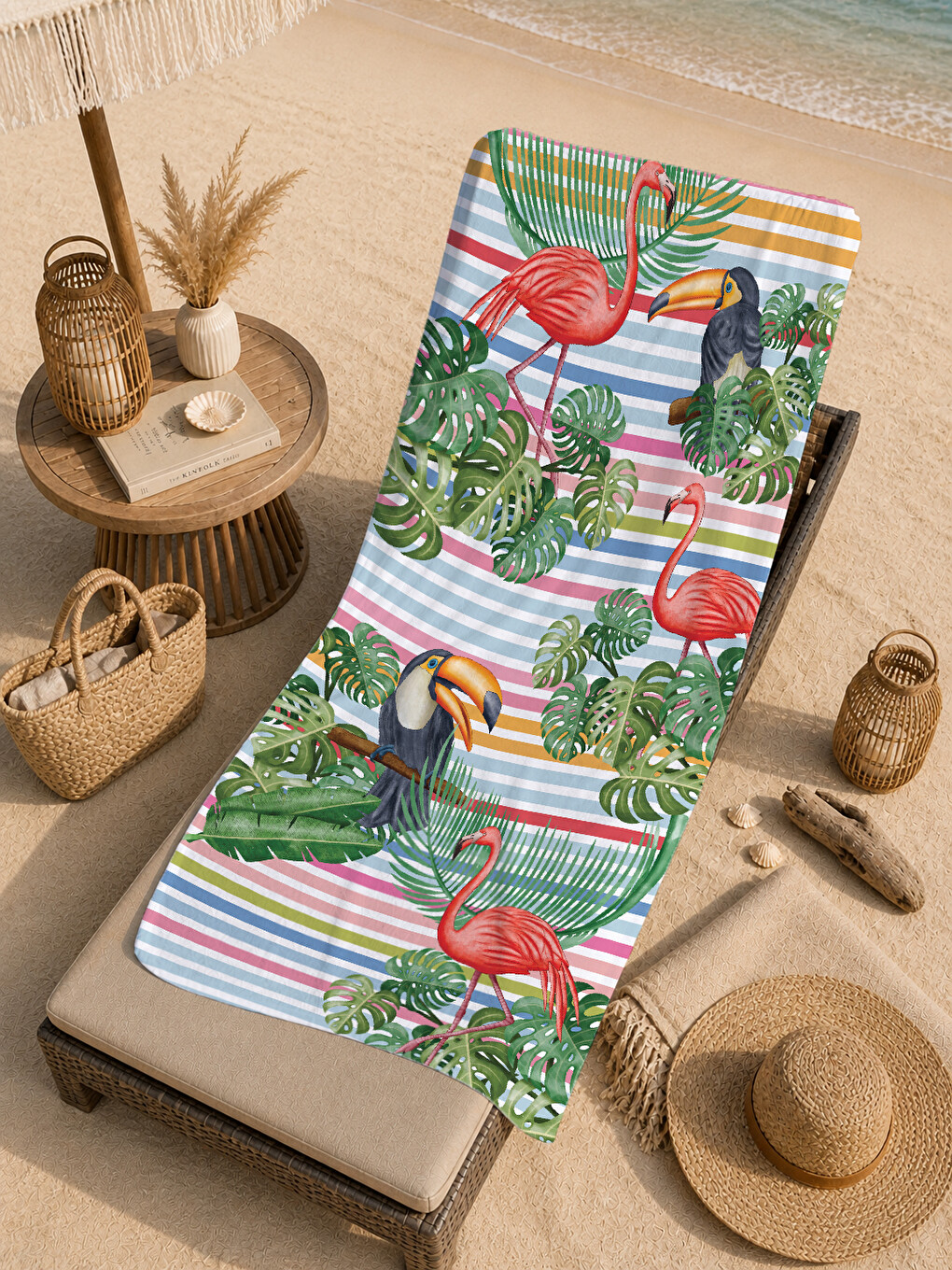 Mavi Çizgili Tropikal Flamingo Tukan Ve Yaprak Desenli 70x150 Cm Dijital Baskılı Plaj Ve Banyo Havlusu-4