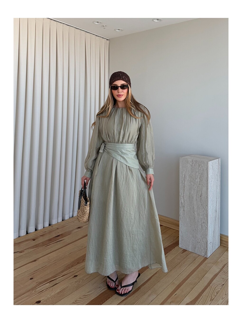 Haki Beli Lastikli Seyyar Kuşaklı Uzun Elbise - 7051-3