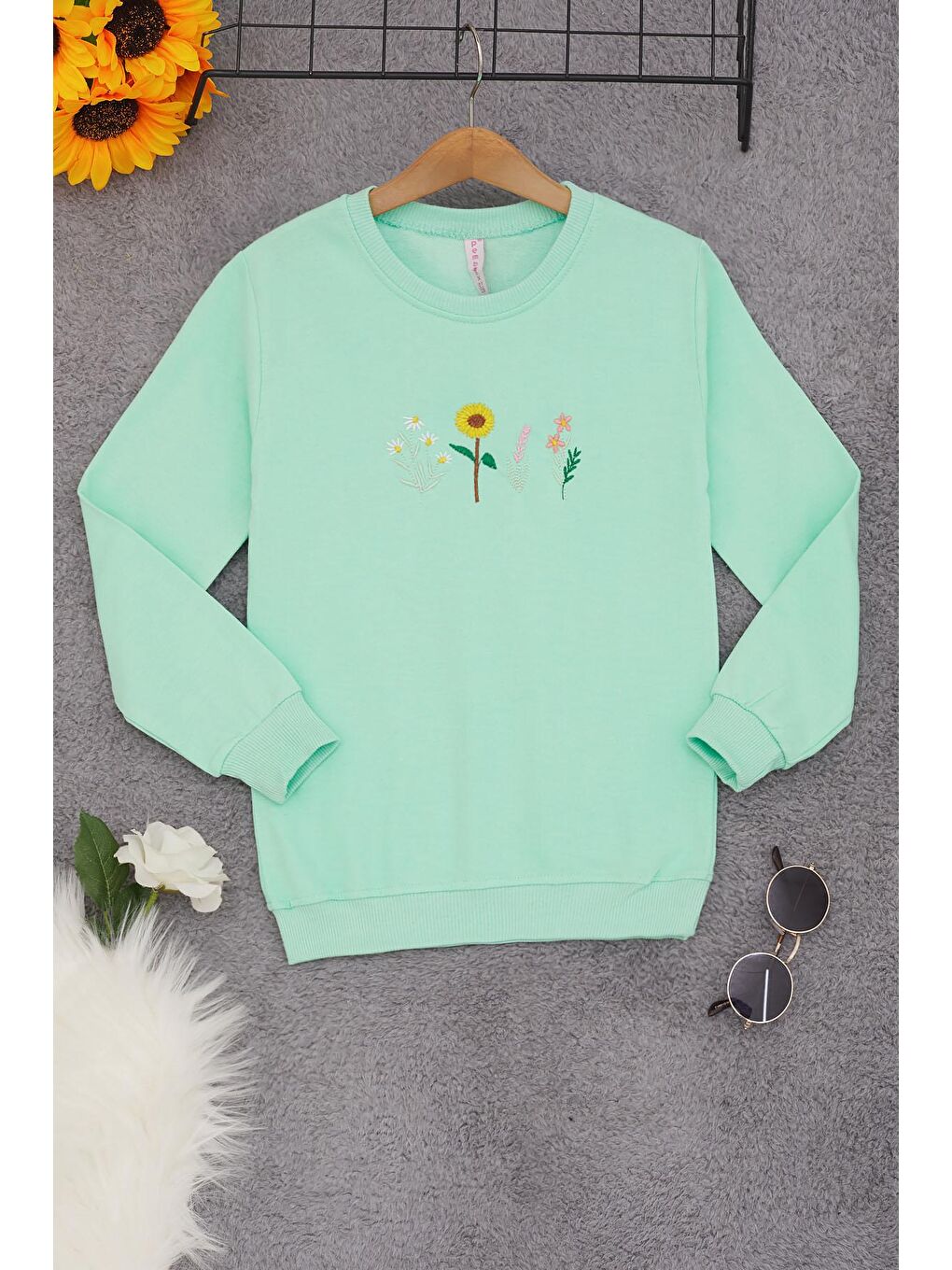 Yeşil Papatya Nakışlı Kız Çocuk  Sweatshirt 17204-2