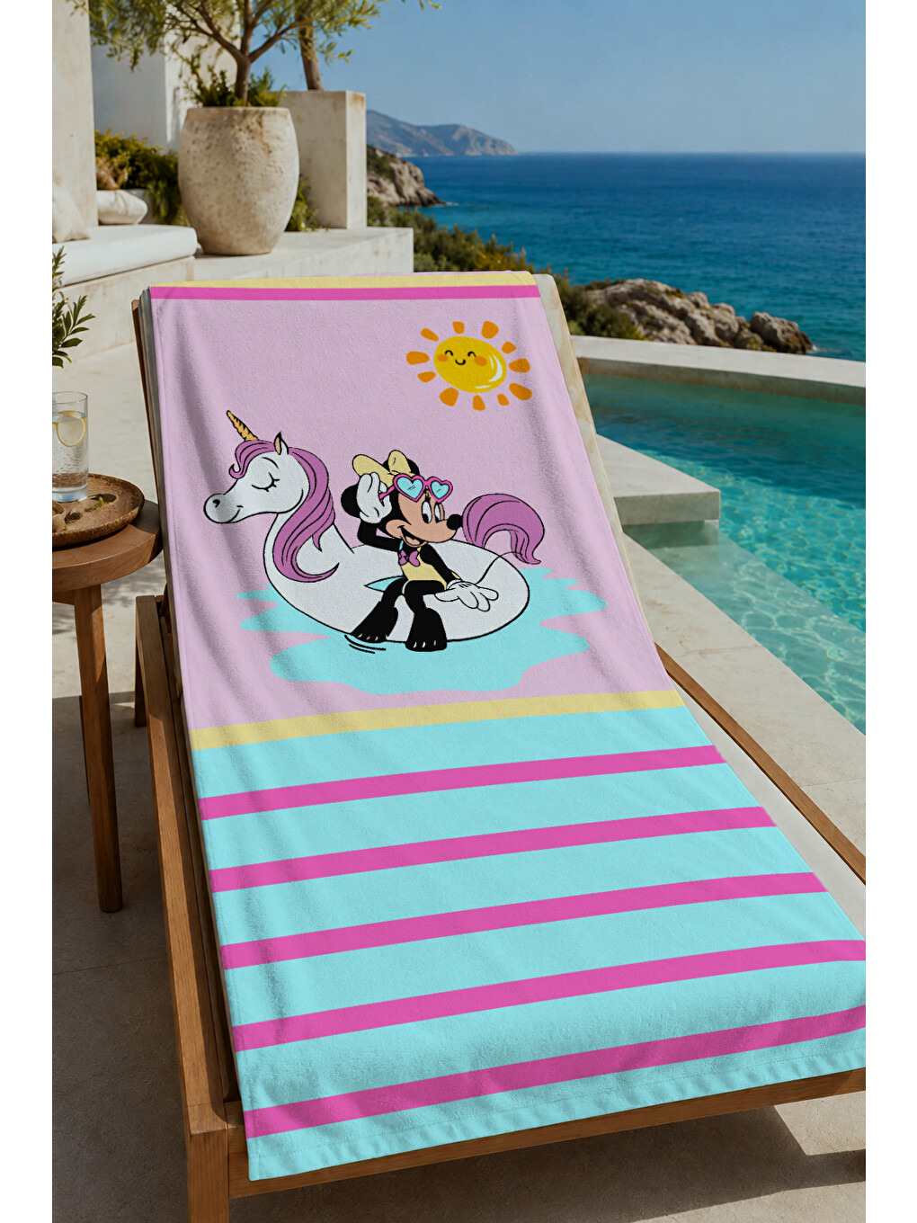 Pembe Turkuaz Çizgili Unicornlu Sevimli Kız Desenli 70x150 Cm Dijital Baskılı Plaj Ve Banyo Havlusu