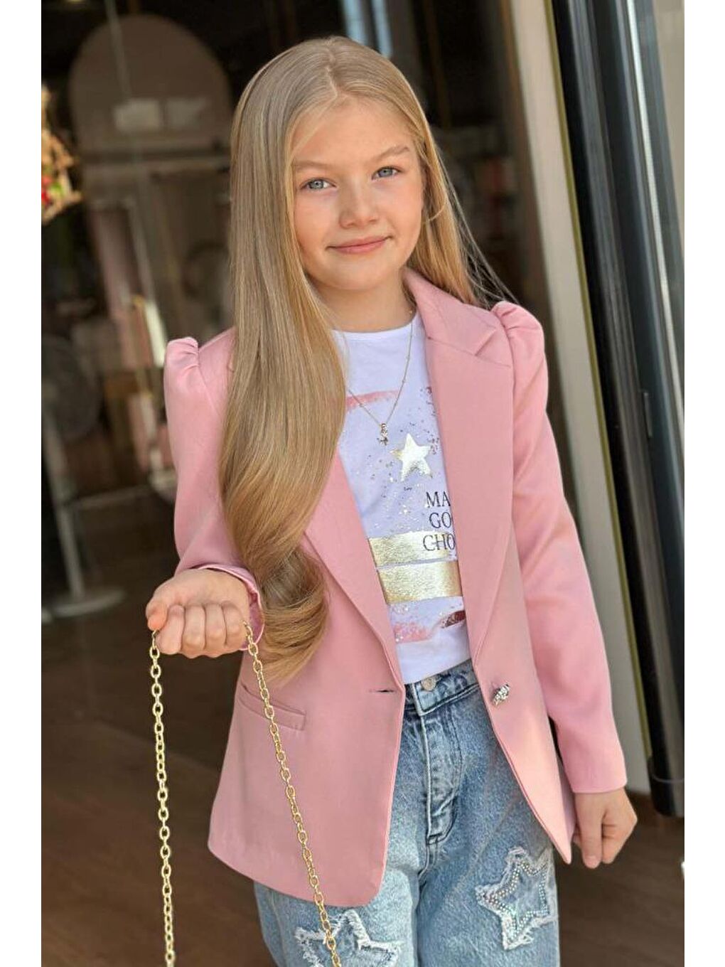 Pembe Kız Çocuk Baskılı T-shirt Bol Kesim Yıldız Detaylı Jean Pantolon Pudra Blazer Ceket Alt Üst Takım-1