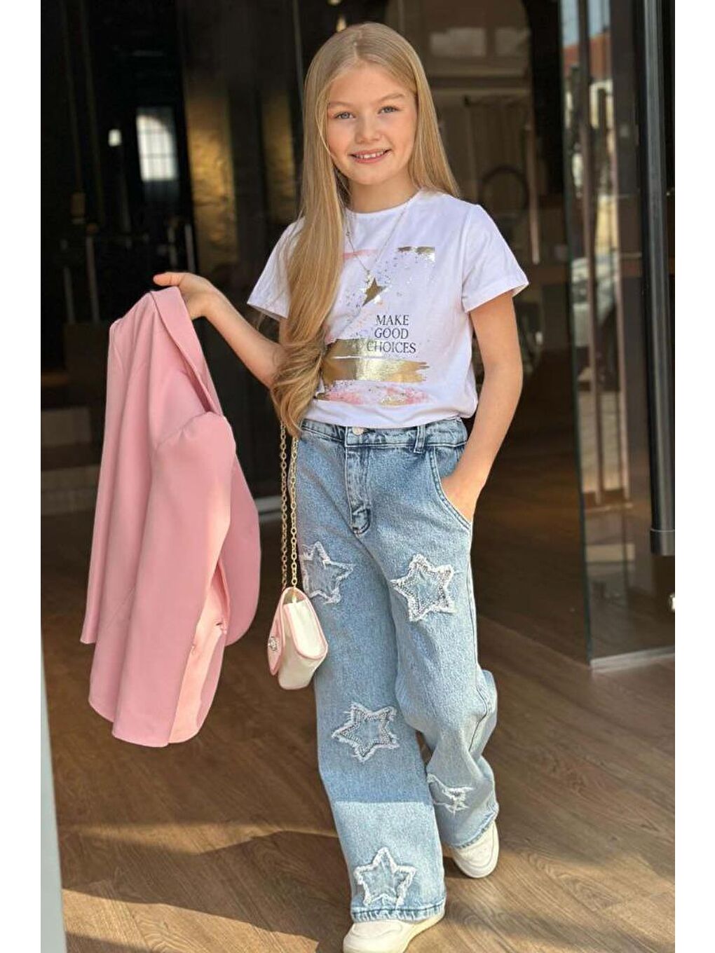 Pembe Kız Çocuk Baskılı T-shirt Bol Kesim Yıldız Detaylı Jean Pantolon Pudra Blazer Ceket Alt Üst Takım-2