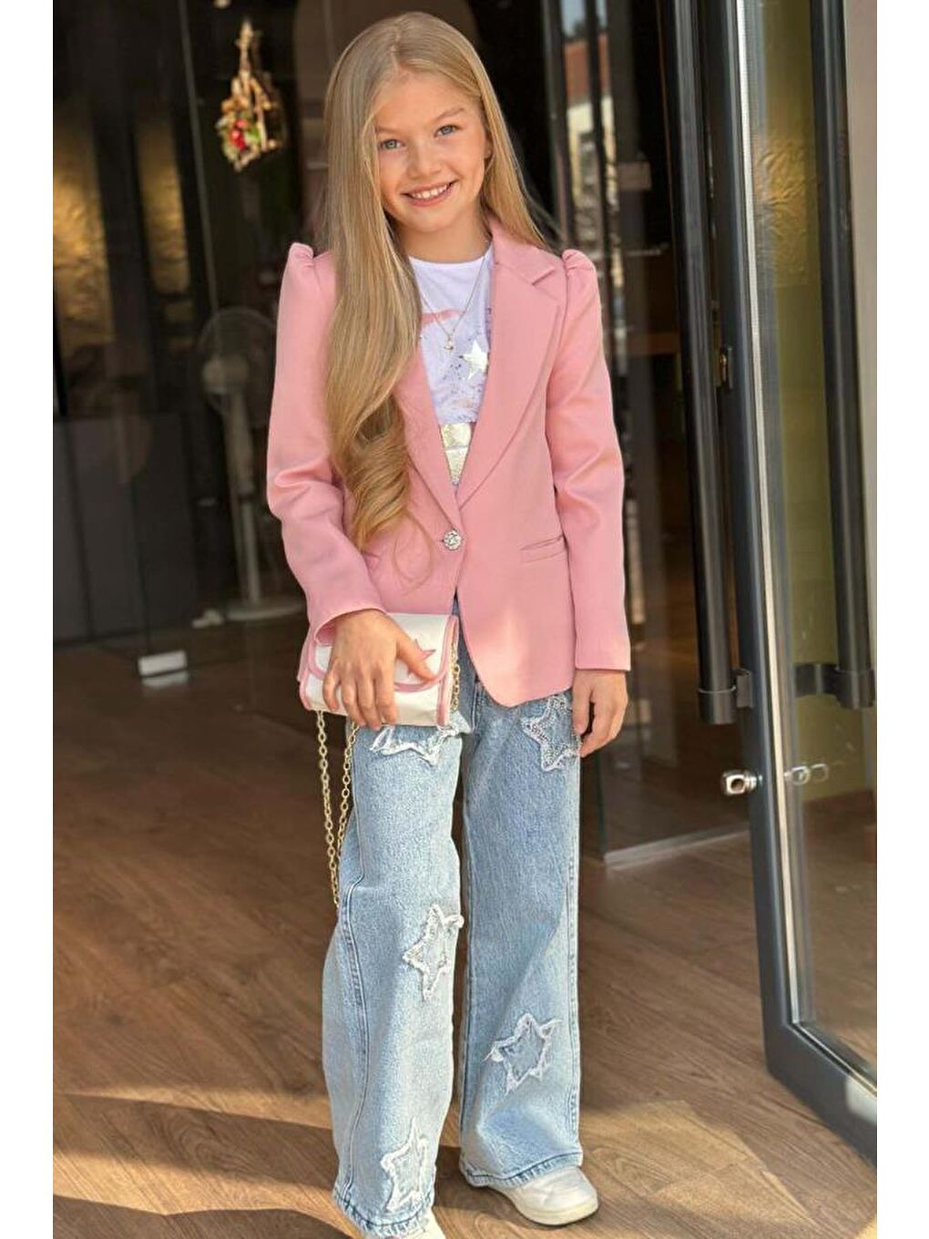 Pembe Kız Çocuk Baskılı T-shirt Bol Kesim Yıldız Detaylı Jean Pantolon Pudra Blazer Ceket Alt Üst Takım-3
