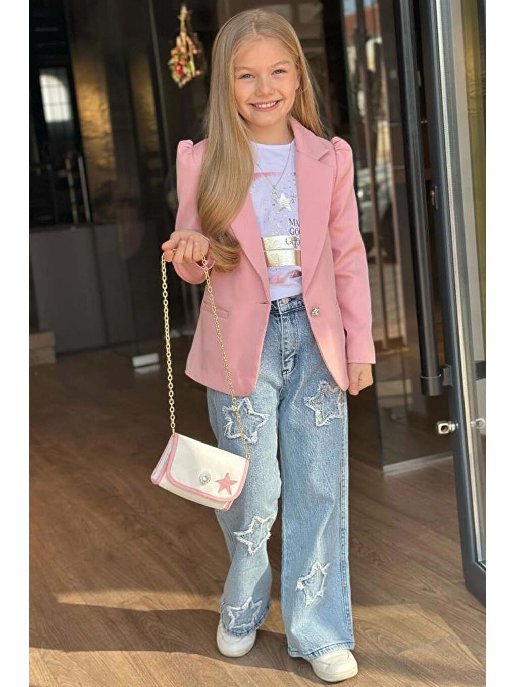Pembe Kız Çocuk Baskılı T-shirt Bol Kesim Yıldız Detaylı Jean Pantolon Pudra Blazer Ceket Alt Üst Takım-4
