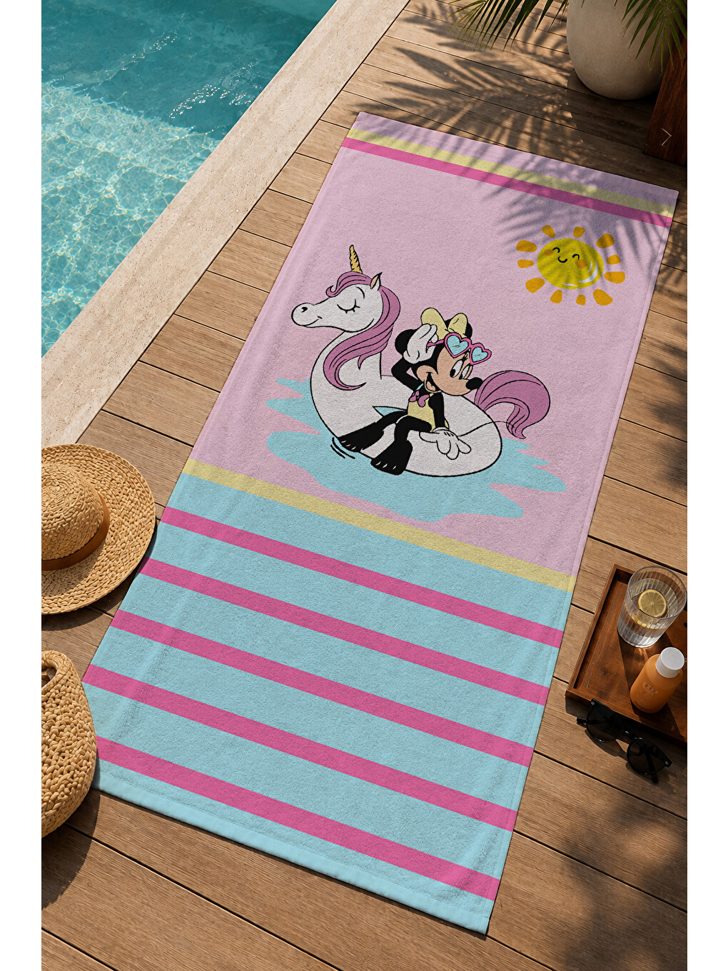 Pembe Turkuaz Çizgili Unicornlu Sevimli Kız Desenli 70x150 Cm Dijital Baskılı Plaj Ve Banyo Havlusu-2