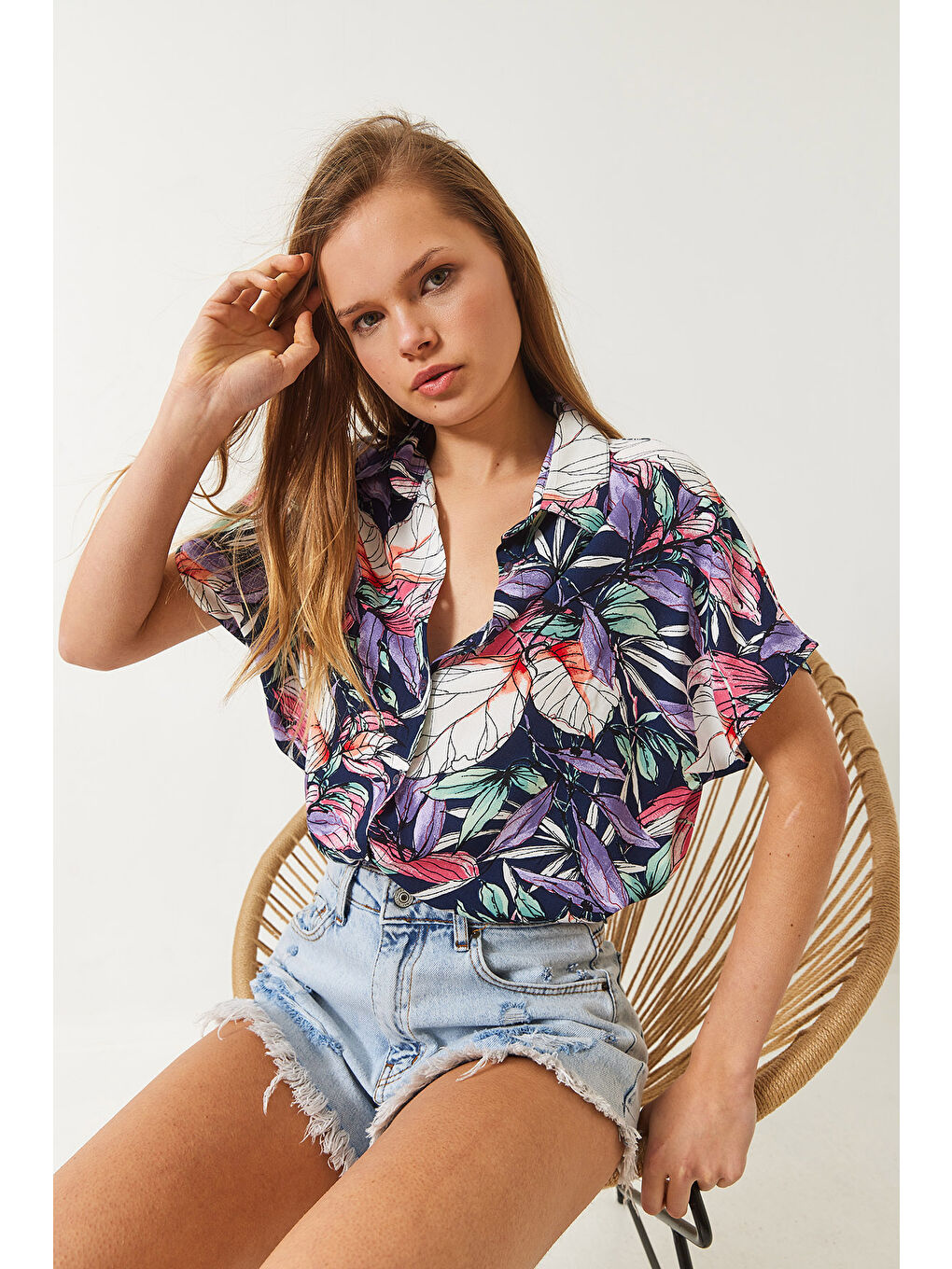 Mor Kadın Çiçek Desenli Kısa Kollu Viskon Gömlek-5