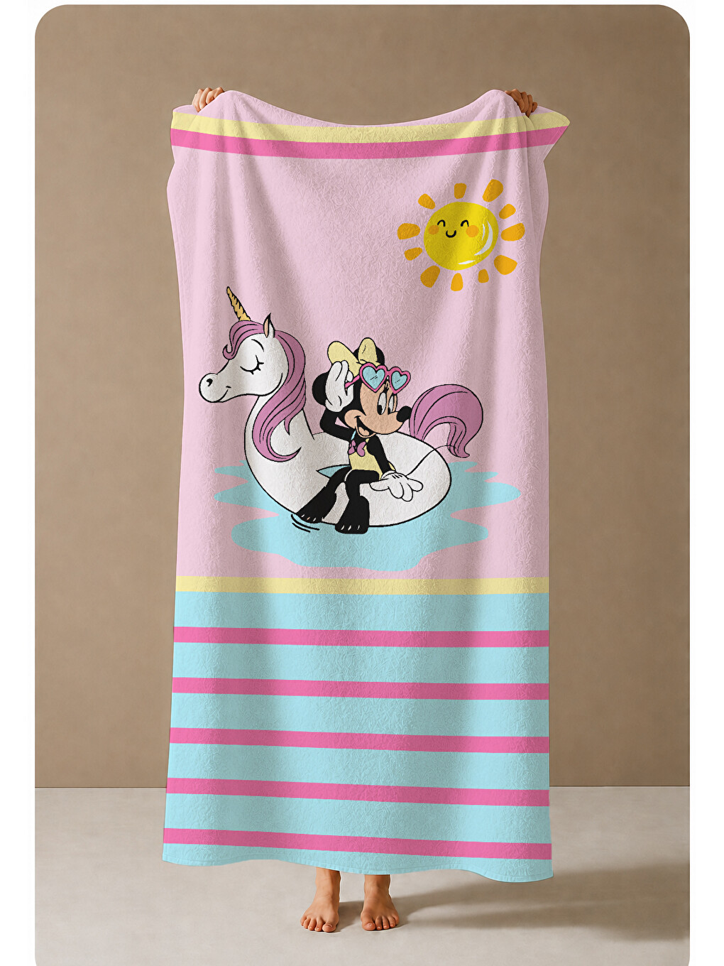 Pembe Turkuaz Çizgili Unicornlu Sevimli Kız Desenli 70x150 Cm Dijital Baskılı Plaj Ve Banyo Havlusu-3
