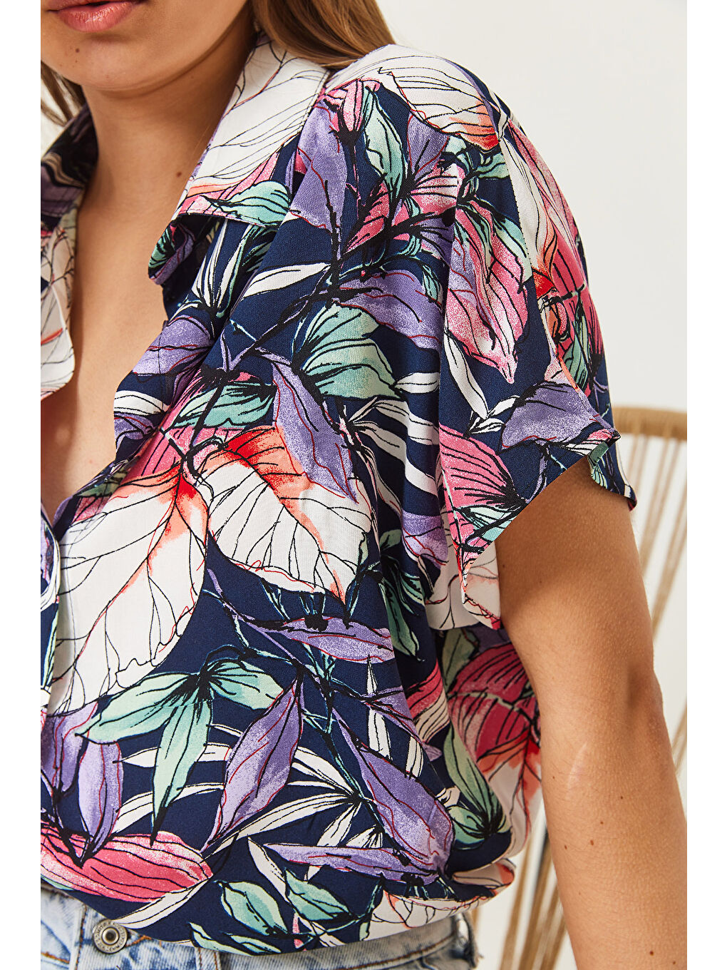 Mor Kadın Çiçek Desenli Kısa Kollu Viskon Gömlek-6