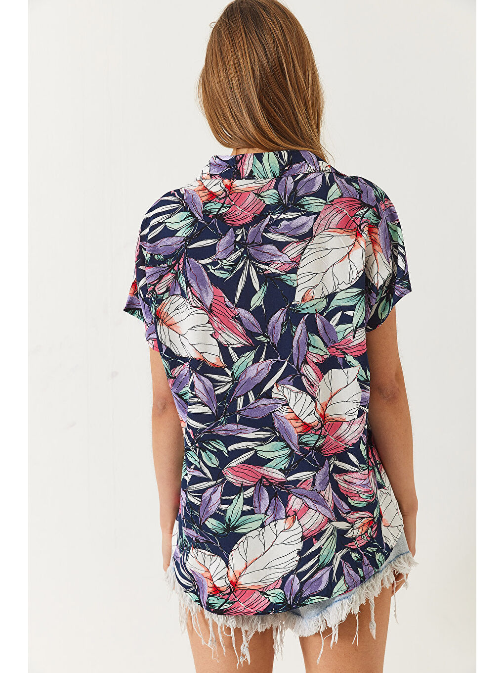 Mor Kadın Çiçek Desenli Kısa Kollu Viskon Gömlek-7