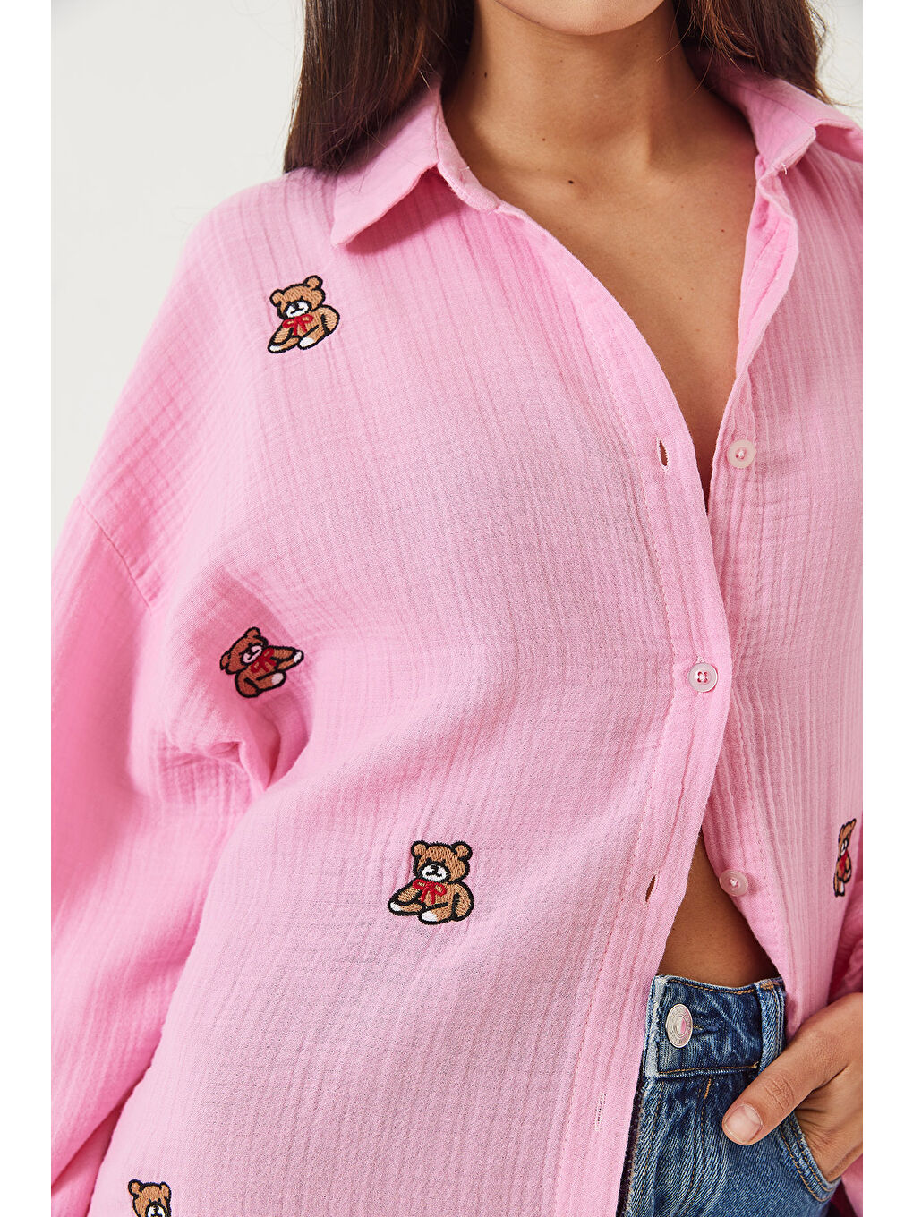 Pembe Kadın Teddy İşlemeli Kolları Lastikli Oversize Pamuk Gömlek-5