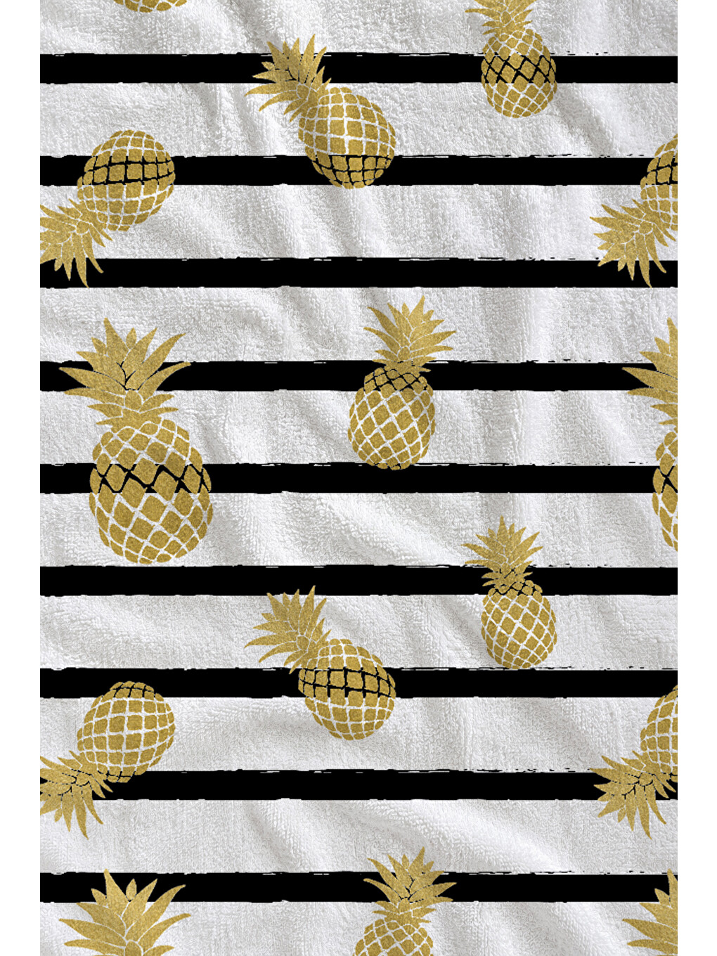 Siyah Beyaz Çizgili Altın Sarısı Ananas Desenli 70x150 Cm Dijital Baskılı Plaj Ve Banyo Havlusu-1