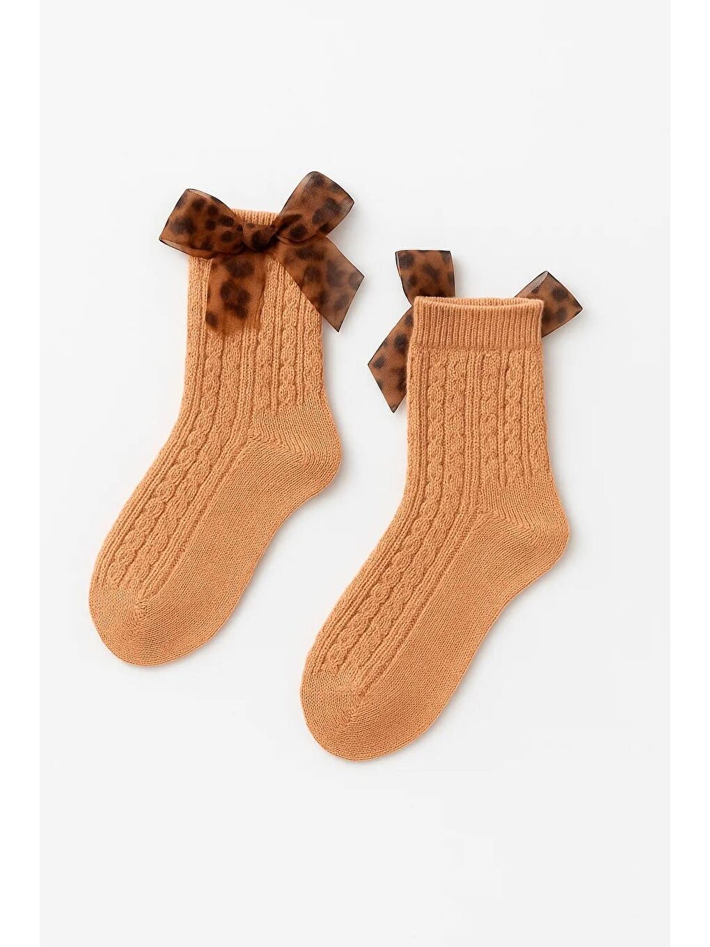 Kız Bebek Leopar Tül Fiyonklu Soket Çorap Ekru