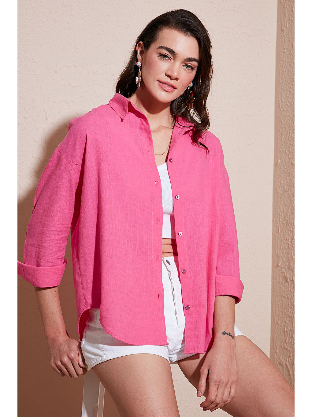 Lela Pembe Pamuklu Regular Fit Uzun Kollu Düz Gömlek Cf25S168305