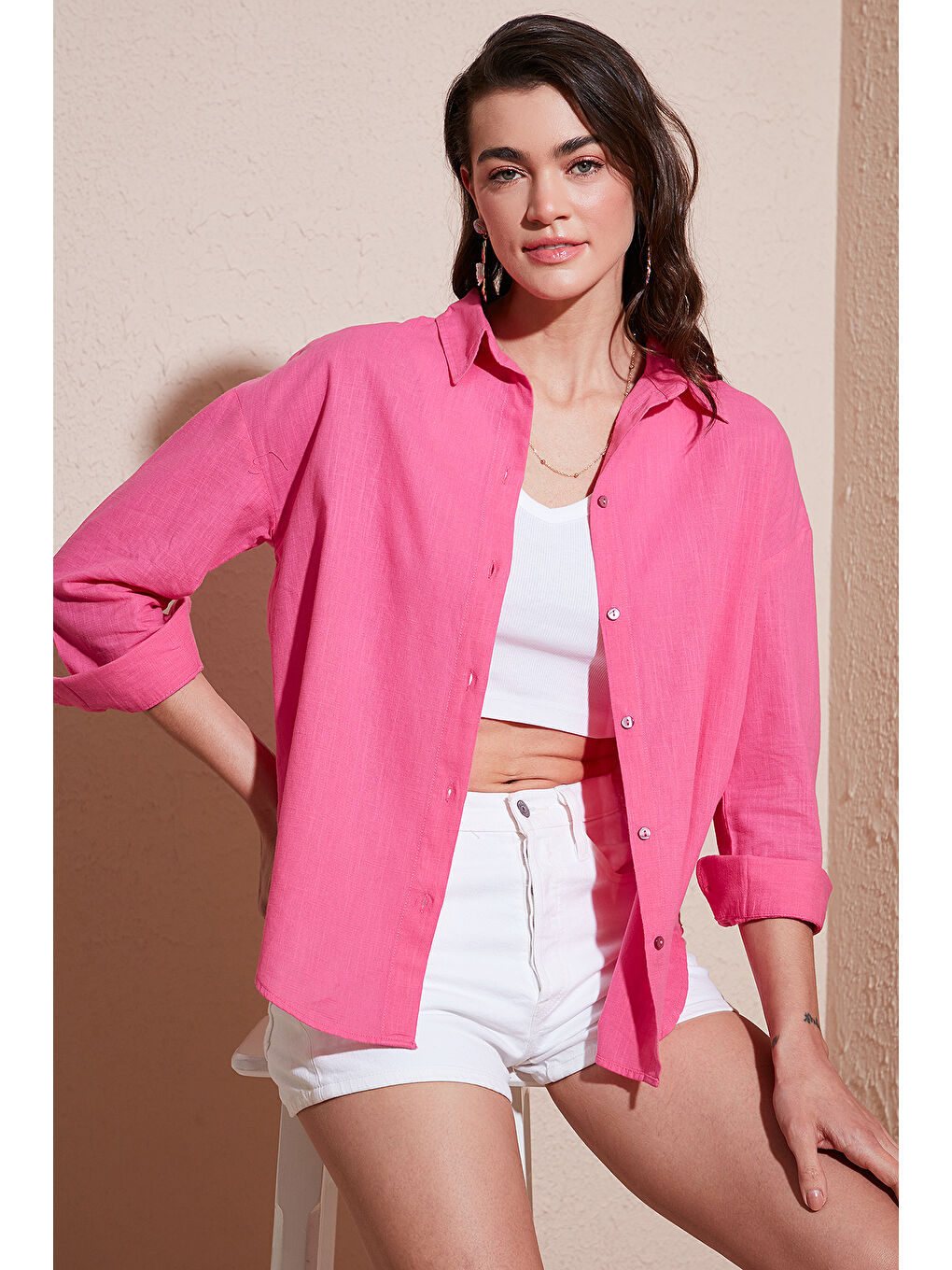 Lela Pembe Pamuklu Regular Fit Uzun Kollu Düz Gömlek Cf25S168305 - 2