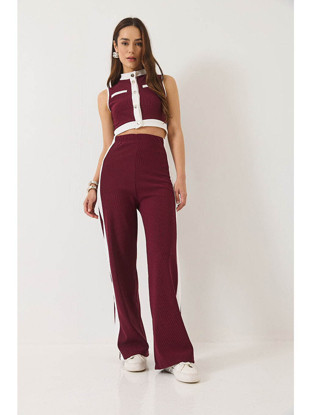 Bordo Kadın Şerit Detaylı Düğmeli Crop Yelek Palazzo Pantolonlu Ottoman Alt-Üst Takım-1