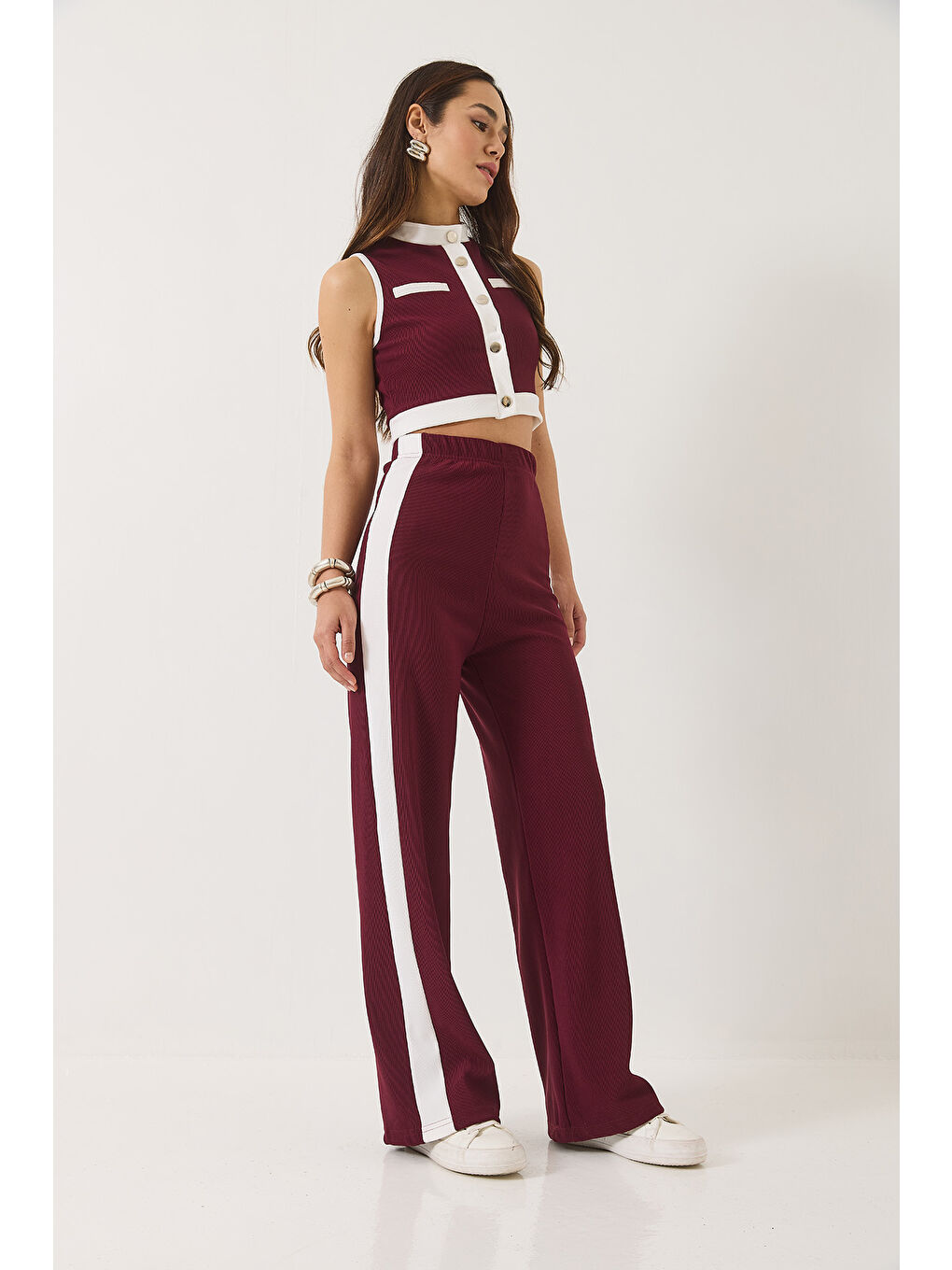 Bordo Kadın Şerit Detaylı Düğmeli Crop Yelek Palazzo Pantolonlu Ottoman Alt-Üst Takım-4