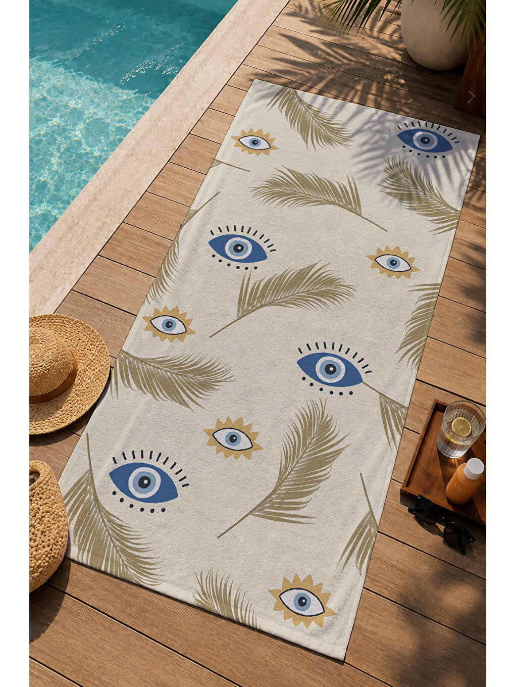 Ekru Nazar Boncuğu Ve Göz Motifli 70x150 Cm Dijital Baskılı Plaj Ve Banyo Havlusu-2