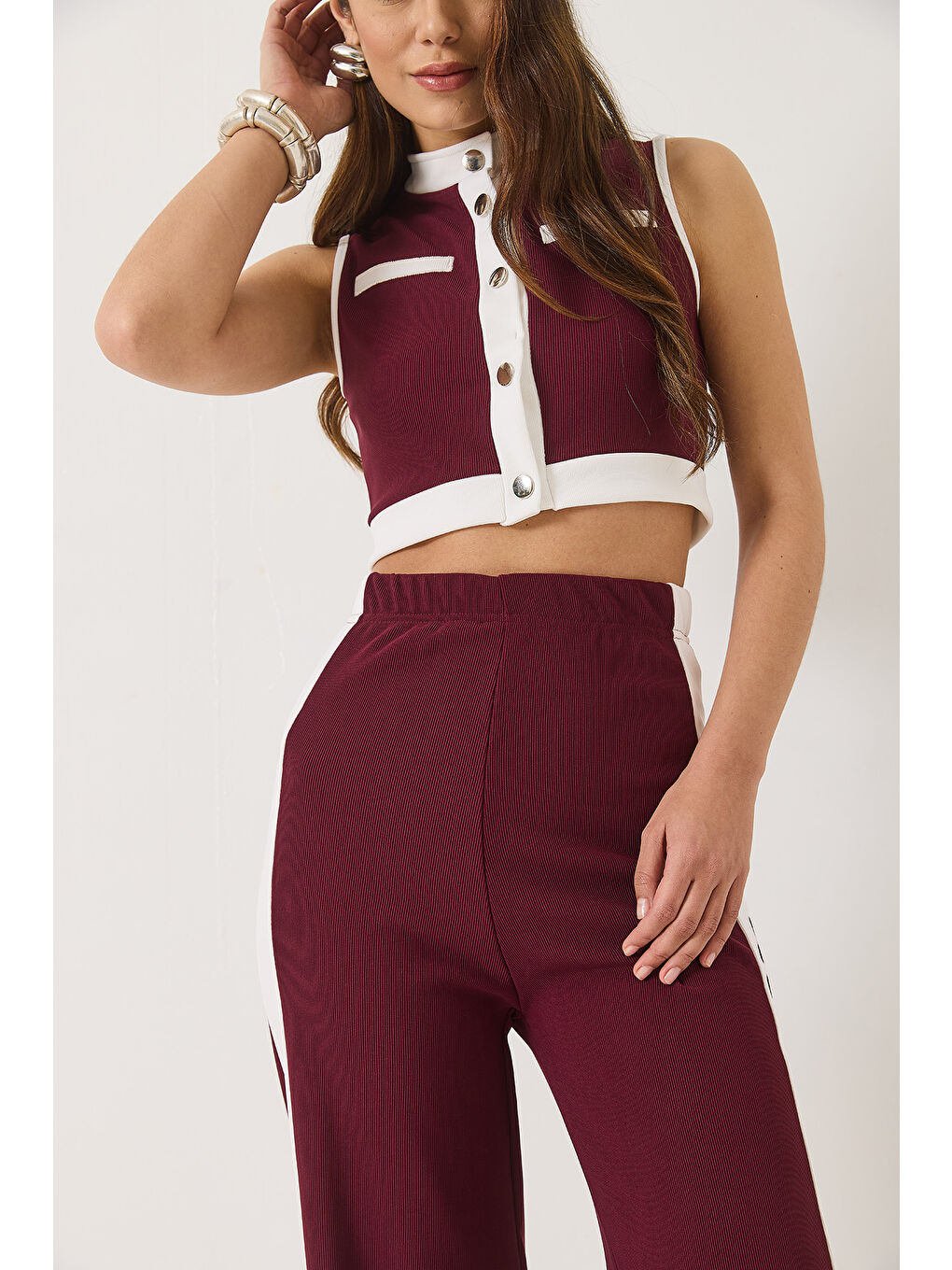 Bordo Kadın Şerit Detaylı Düğmeli Crop Yelek Palazzo Pantolonlu Ottoman Alt-Üst Takım-5
