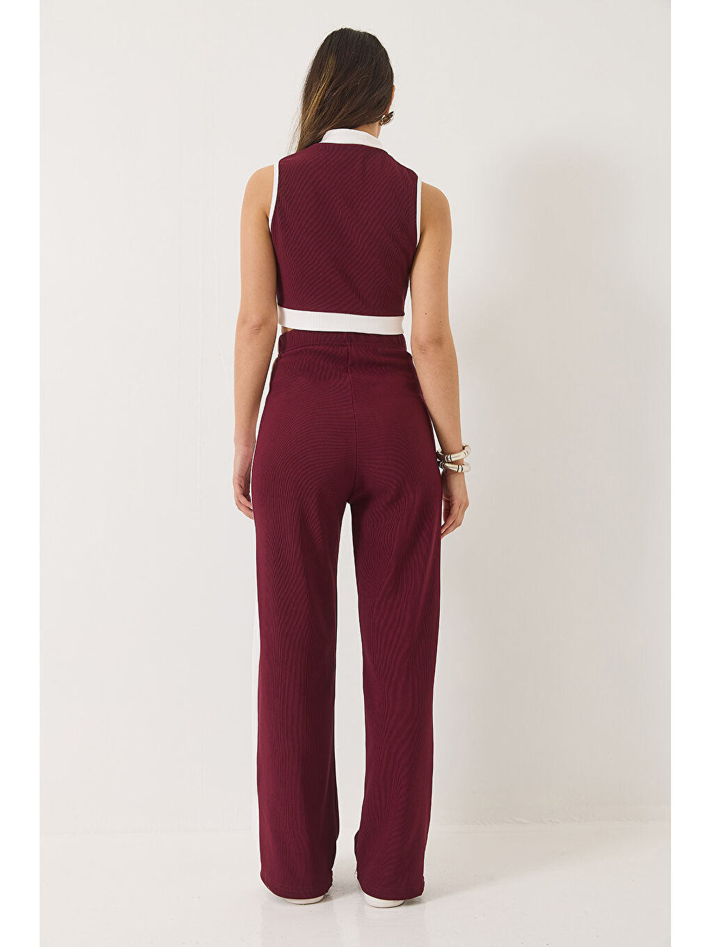 Bordo Kadın Şerit Detaylı Düğmeli Crop Yelek Palazzo Pantolonlu Ottoman Alt-Üst Takım-6