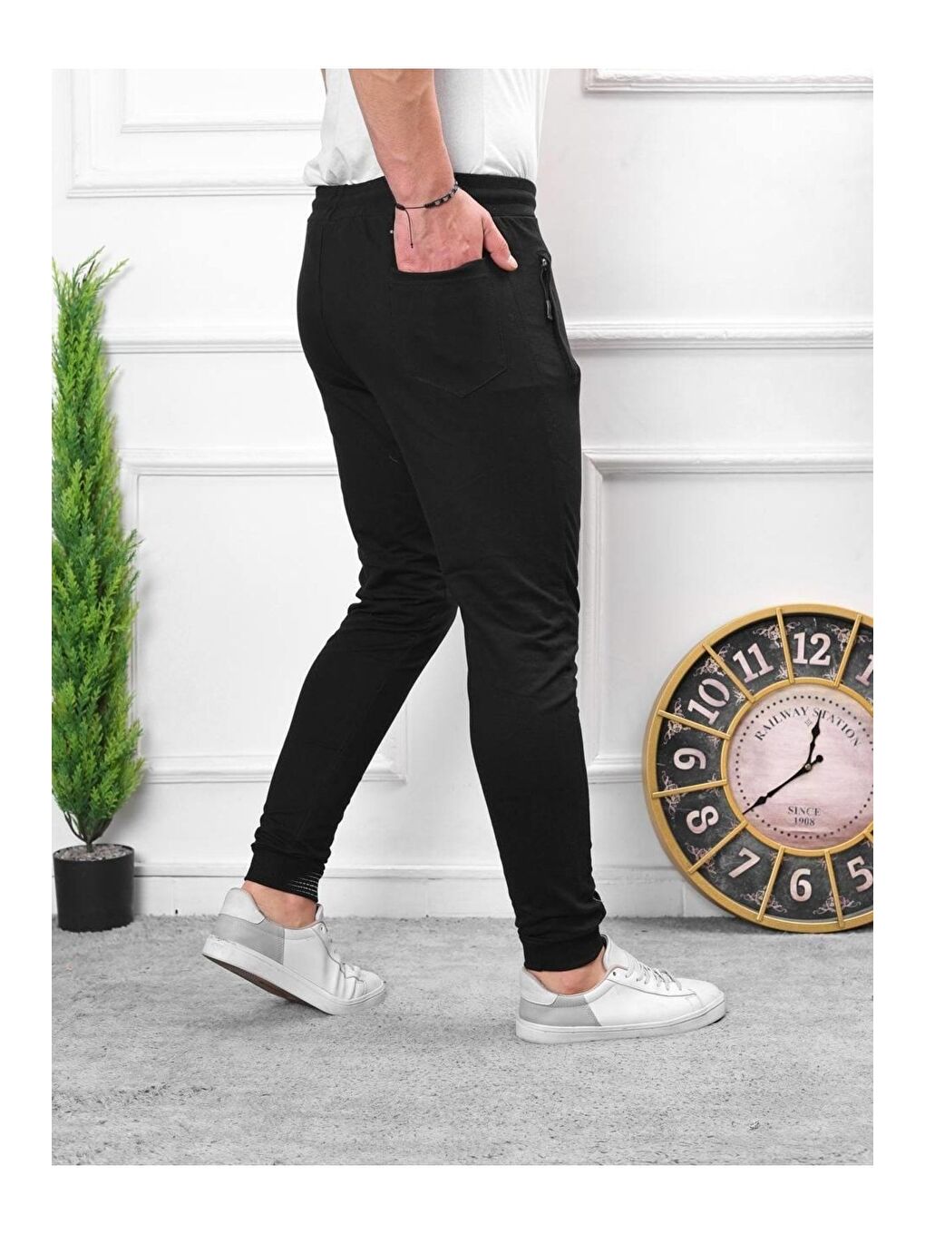 Siyah Erkek Iki Iplik Compact Kumaş Baskılı Manşetli Eşofman-2