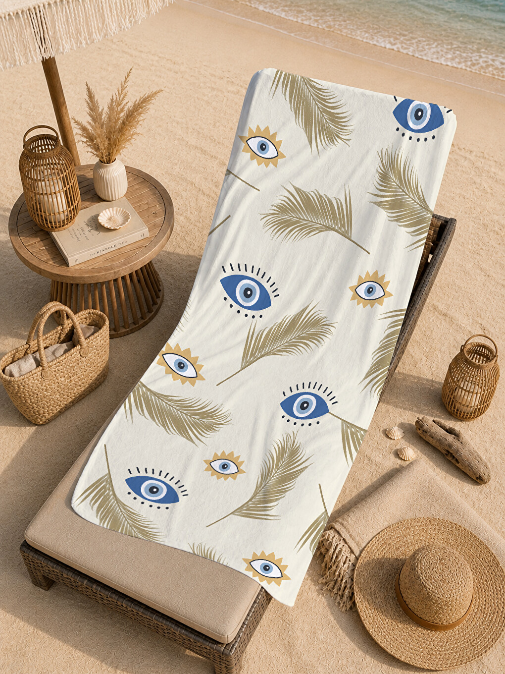 Ekru Nazar Boncuğu Ve Göz Motifli 70x150 Cm Dijital Baskılı Plaj Ve Banyo Havlusu-4