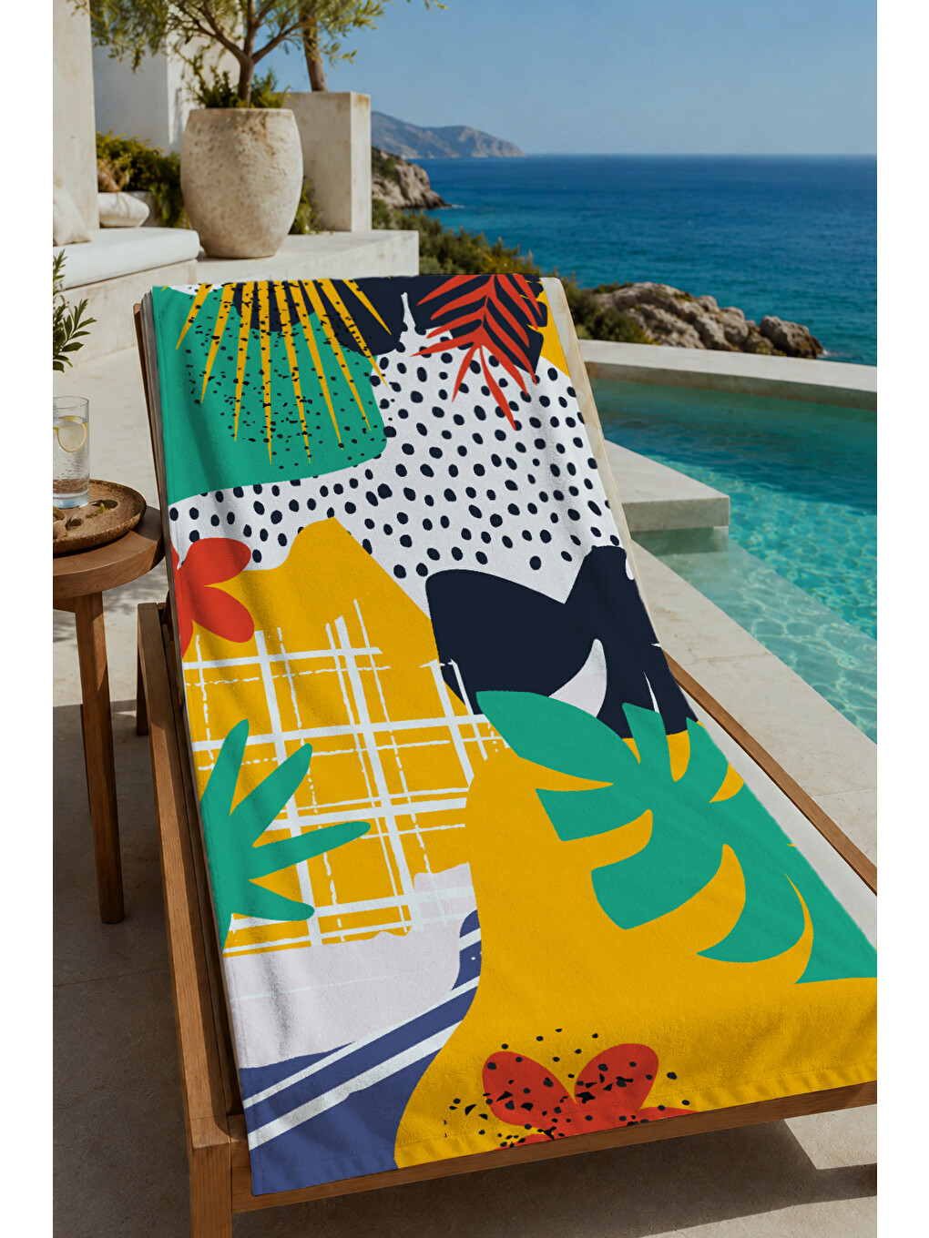 Sarı Yeşil Siyah Pop Art Hayvan Ve Tropikal Yaprak 70x150 Cm Dijital Baskılı Plaj Ve Banyo Havlusu
