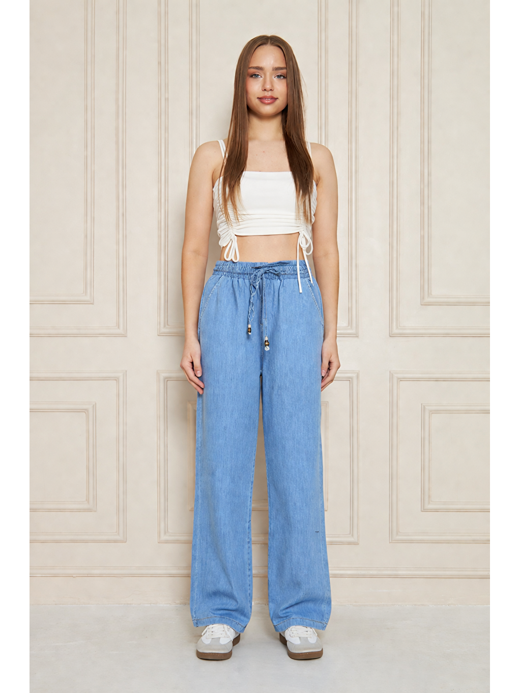 Kadın %100 Pamuklu Bol Paça Mavi Baggy Pantolon
