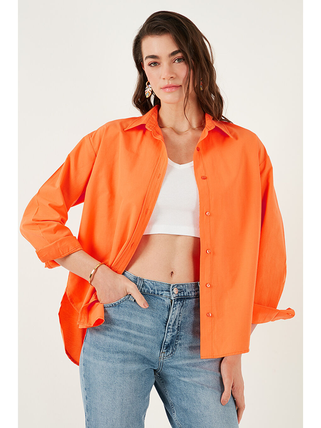 Turuncu Pamuklu Regular Fit Önü Kısa Arkası Uzun Oval Kesim Gömlek Cf25S163867-3