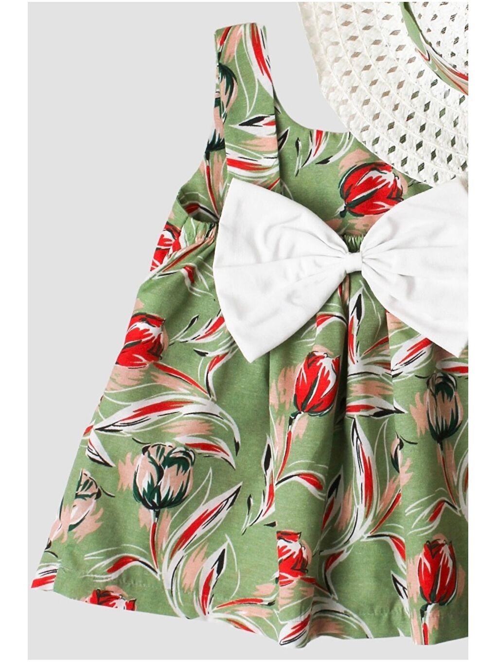 Yeşil Şapkalı Fiyonklu Kız Bebek Elbisesi-1