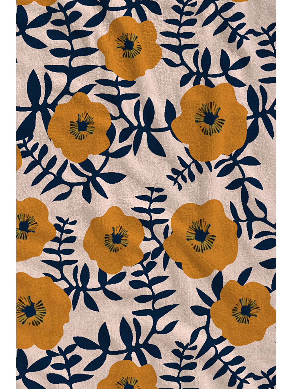 Turuncu Lacivert Retro Çiçek Ve Güneş Motifli 70x150 Cm Dijital Baskılı Plaj Ve Banyo Havlusu-1