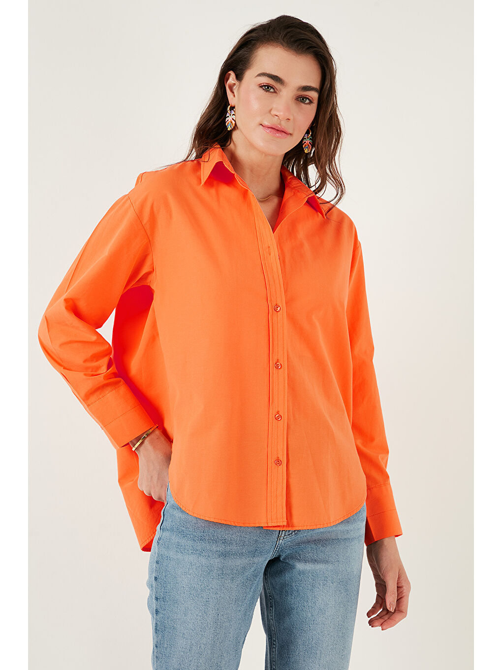 Turuncu Pamuklu Regular Fit Önü Kısa Arkası Uzun Oval Kesim Gömlek Cf25S163867-5