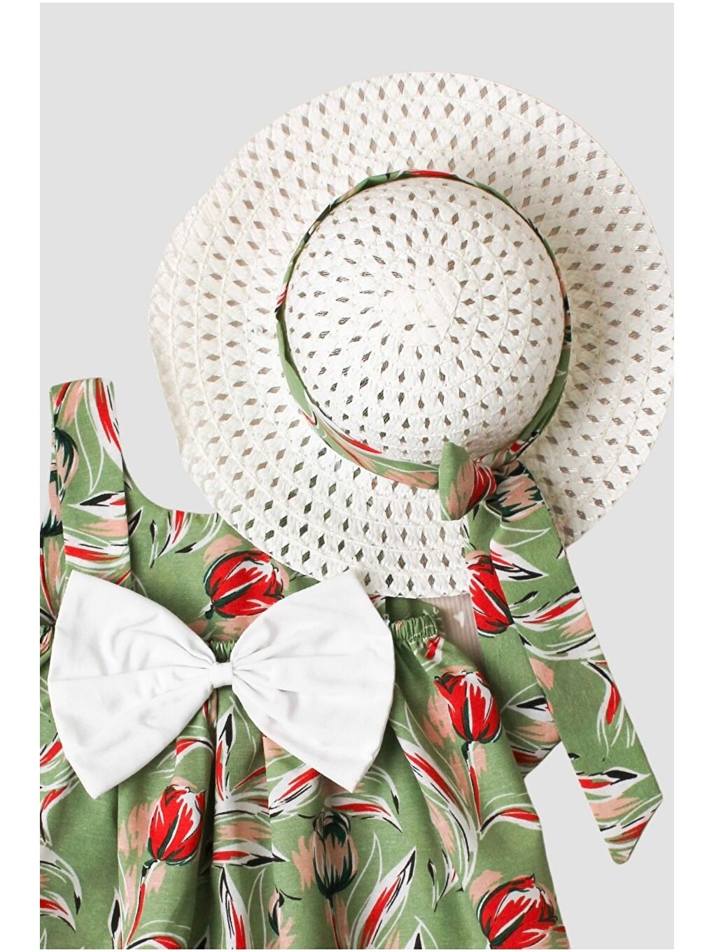 Yeşil Şapkalı Fiyonklu Kız Bebek Elbisesi-2