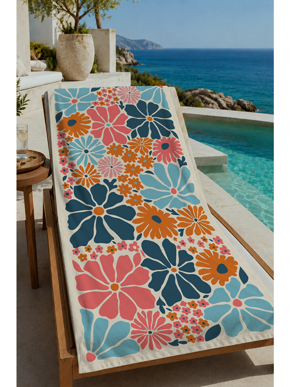 Turuncu Mavi Yeşil Retro Büyük Çiçek Desenli 70x150 Cm Dijital Baskılı Plaj Ve Banyo Havlusu