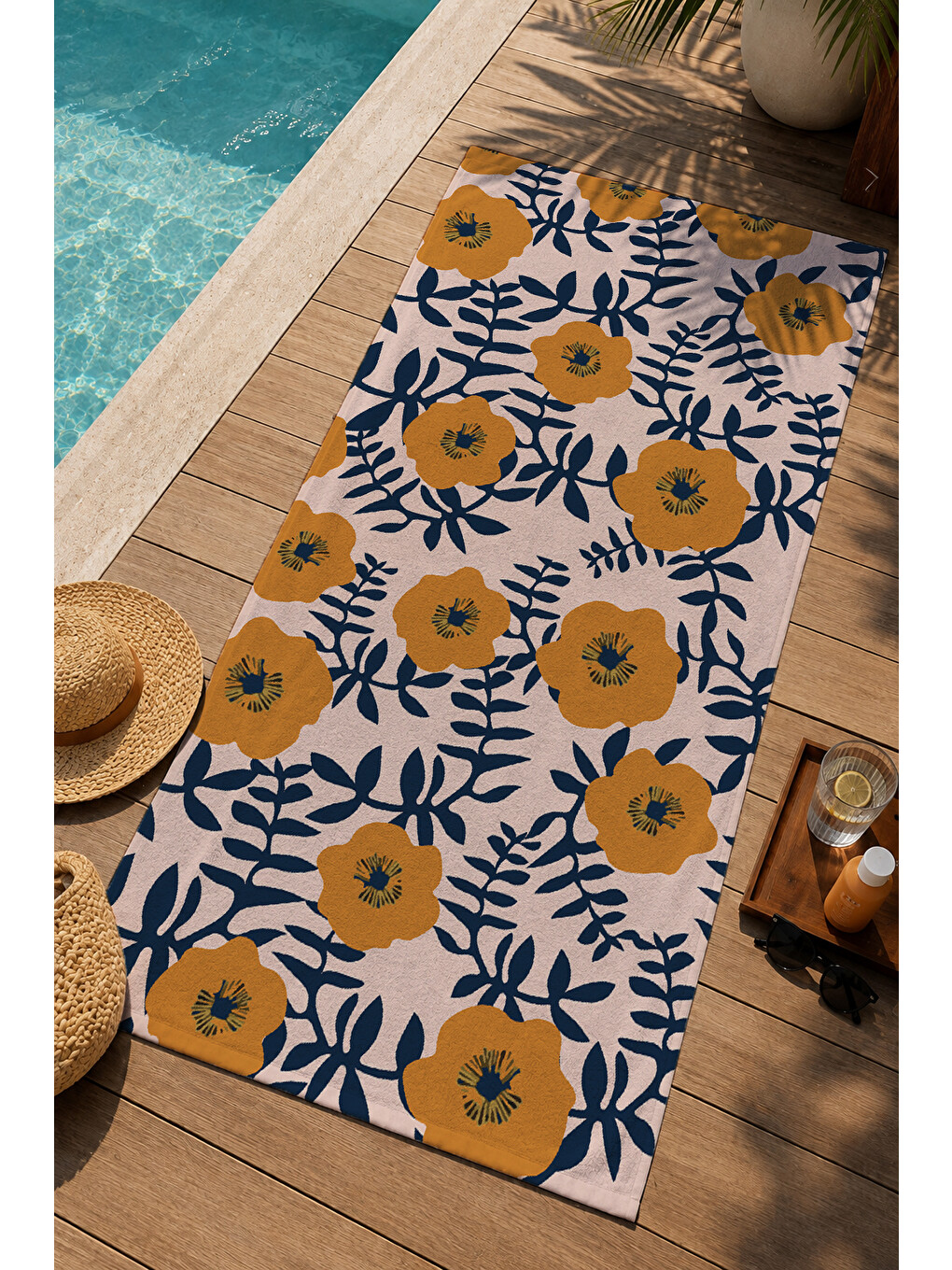 Turuncu Lacivert Retro Çiçek Ve Güneş Motifli 70x150 Cm Dijital Baskılı Plaj Ve Banyo Havlusu-2