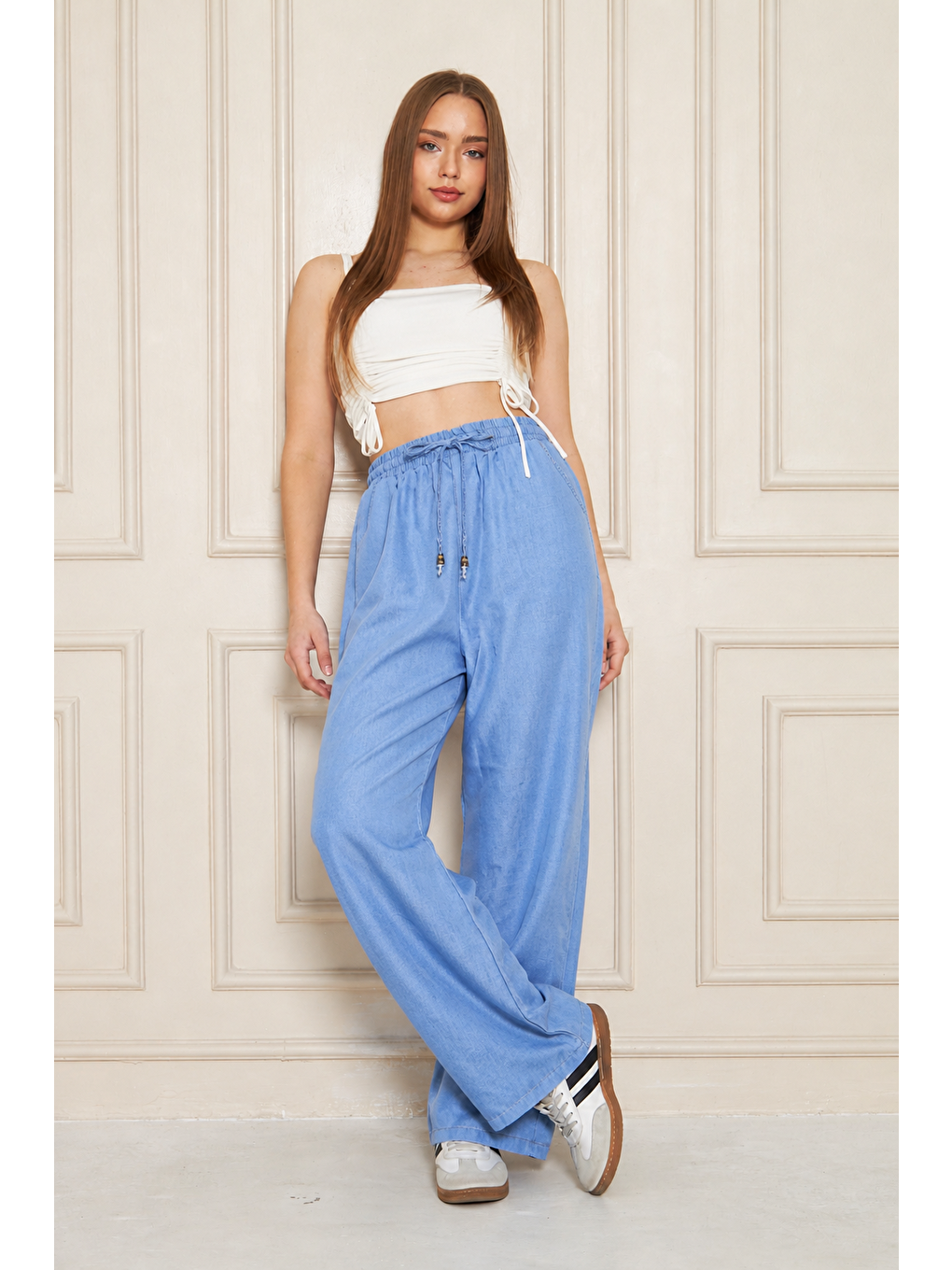 Kadın %100 Pamuklu Bol Paça Mavi Baggy Pantolon-1