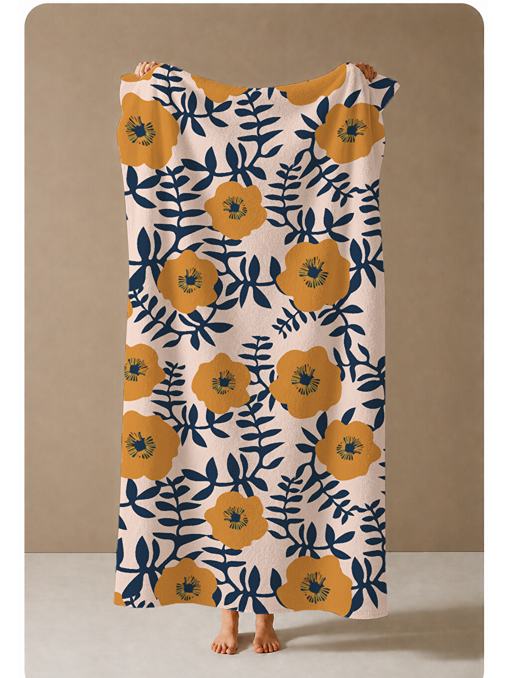 Turuncu Lacivert Retro Çiçek Ve Güneş Motifli 70x150 Cm Dijital Baskılı Plaj Ve Banyo Havlusu-3