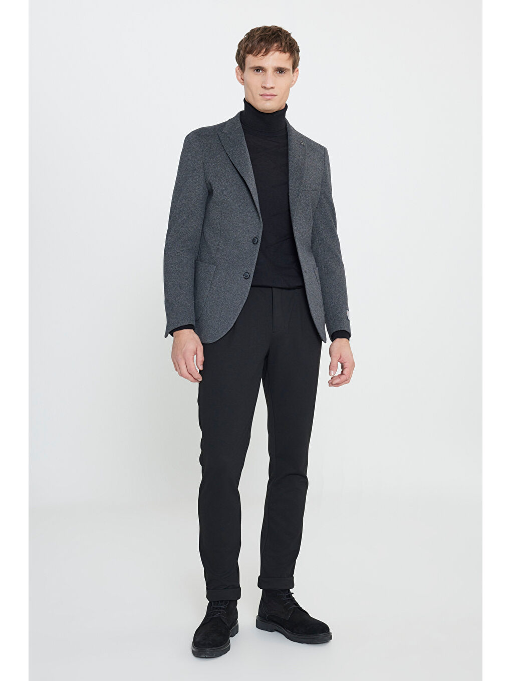 Erkek Siyah Pamuklu Slim Fit Dar Kesim Kırlangıç Yaka Diagonal Desenli Blazer Ceket-1