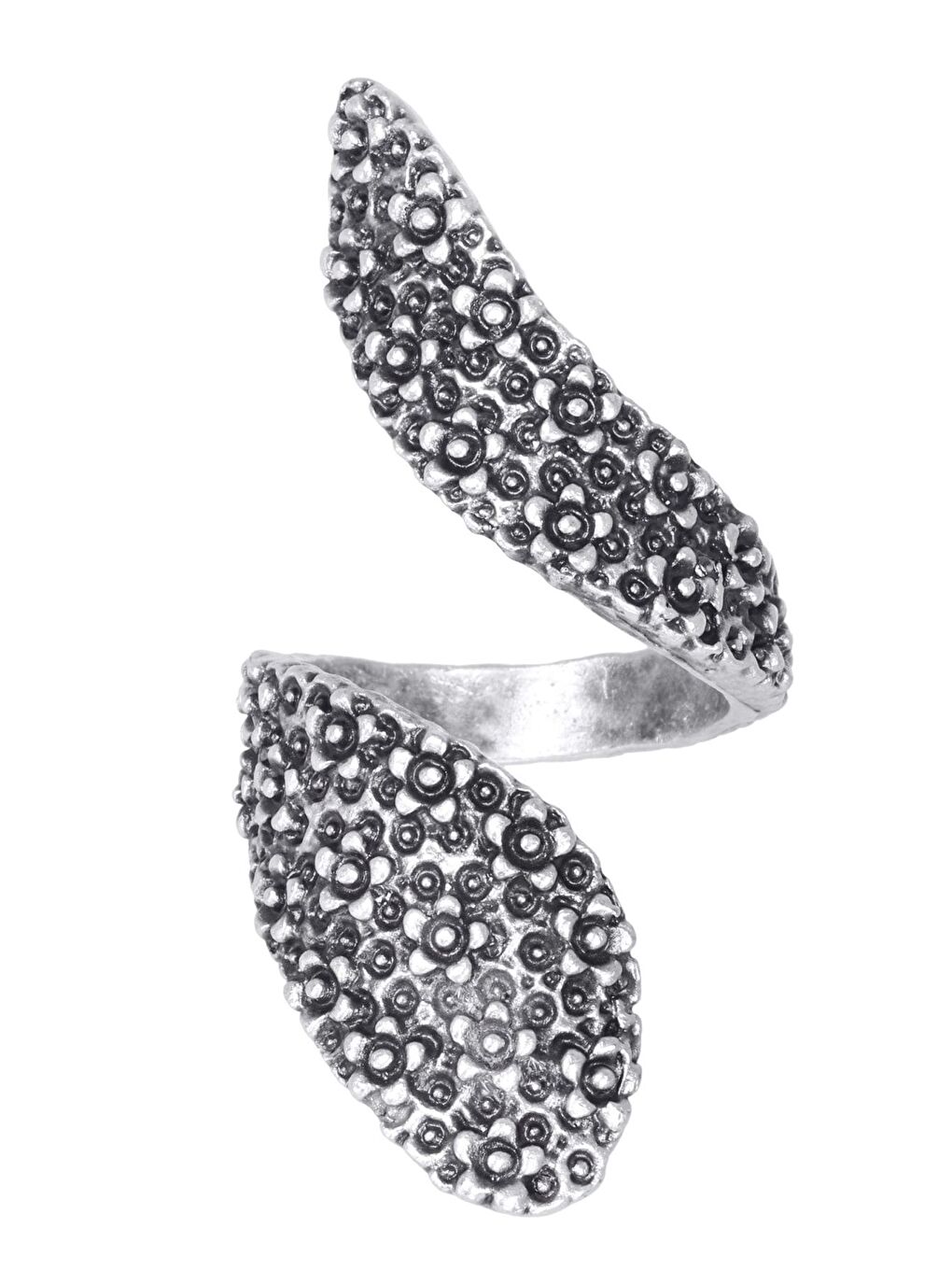 Gri Kadın Antik Gümüş Kaplama Kabartma Çiçek Dokulu Dolama Formlu Ayarlanabilir Yüzük