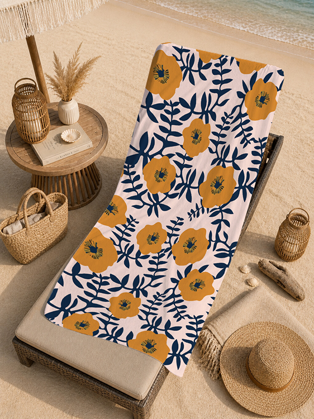 Turuncu Lacivert Retro Çiçek Ve Güneş Motifli 70x150 Cm Dijital Baskılı Plaj Ve Banyo Havlusu-4