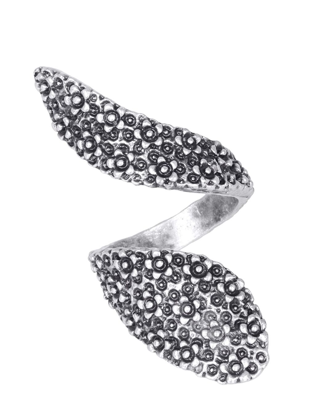 Gri Kadın Antik Gümüş Kaplama Kabartma Çiçek Dokulu Dolama Formlu Ayarlanabilir Yüzük-1