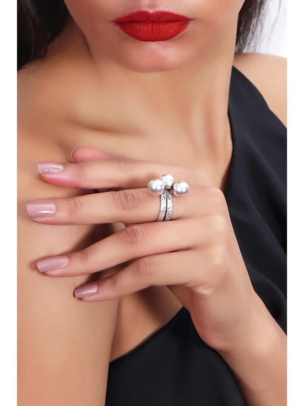 Gri Kadın Antik Gümüş Kaplama Doloma Model Üç Top Ayarlanabilir Yüzük-2